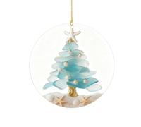 Sea Glass Christmas Tree Ornaments, 8cm Round Coastal Nautical Beach Christmas Tree Ornament, Turquoise Sea Glass Design with Seashells and Starfish (Blue)