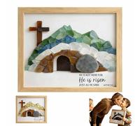 Sea Glass Empty Tomb Resurrection Wall Art, He Is Risen Framed Easter Decor, Wooden Frame with Cross and Stone, Christian Home Office Tabletop Display (A)