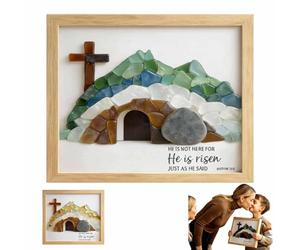 Sea Glass Empty Tomb Resurrection Wall Art - He Is Risen! He Is Risen Empty Tomb Frame, Wooden Easter Empty Tomb Resurrection Scene Decor, Home Office Tabletop Decor, Christian Gift for Mom (A)