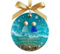 Sea Glass Friendship Decor, Ocean Glass Christmas Ornament, Handmade Art with Bells, Good Friends Like Gift, for Tree, Home, Window Decoration (A)