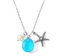 Sea Glass Necklace,Beach Necklaces with Starfish Pearls Pendant Wire Wrapped Blue Ocean Glass Jewelry, Sea Glass, No Gemstone