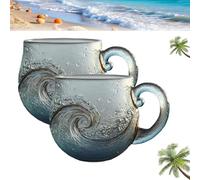 Sea Glass Sunset Mug,Handblown Sunset Oceans Wave Glass Mug Cup, Unique Textured Beach Theme Mugs for Tea Coffee Wine Ice Drink, Sea Inspired Drinkware with Spoon, Xmas Gifts for Oceans Lovers (2pcs)