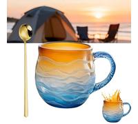 Sea Glass Sunset Mug,Handblown Sunset Oceans Wave Glass Mug Cup,Unique Textured Beach Theme Mugs for Tea Coffee Wine Ice Drink, Sea Inspired Drinkware with Spoon, Xmas Gifts for Oceans Lovers(1 Set)