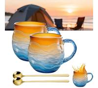 Sea Glass Sunset Mug,Handblown Sunset Oceans Wave Glass Mug Cup,Unique Textured Beach Theme Mugs for Tea Coffee Wine Ice Drink, Sea Inspired Drinkware with Spoon, Xmas Gifts for Oceans Lovers(2 Set)