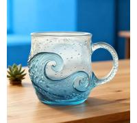 Sea Glass Wave Mug,12 oz Handblown Ocean Wave Glass Mug Cup, Unique Glassware Drinking Cup with Textured Seawave Design, for Tea, Coffee, Cocktails, Beach Lovers (Blue)