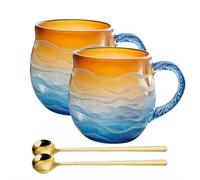 Sea Glass Wave Mug,12oz Sunset Ocean Wave Glass Mug Cup,Unique Textured Beach Theme Mugs for Tea, Wine, Handcrafted Sea Inspired Drinkware Gift for Ocean Lovers (2pcs)
