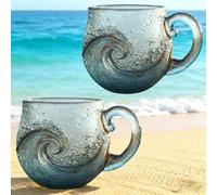 Sea Glass Waves Mug, 12 Oz Handblown Oceanwave Glass Mug Cup, Coastal Waves Drinkware, Uniques Textured Beach Theme Cups, Textured Ocean-Themed Drinkware For Tea/Coffee Artisan-Blown Beach (2pcs)