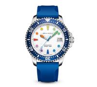 SEA-GULL Automatic Dive Watch for Men, 100M Waterproof Mechanical Wristwatch with Colorful Markers Dial, Synthetic Sapphire Crystal, Silicone Strap (White/Blue)