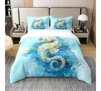 Sea Horse 100% Cotton Bedding Set,Oil Painting Seahorse Duvet Cover Single for Kids Boys Girls,Colorful Sealife Quilt Cover,Ombre Watercolor Bed Set with 1 Pillow Case Breathable
