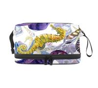Sea Horse Octopus Seashell Watercolor Painting Double Layer Cosmetic Bag for Women and Girls, Travel Toiletry Bag Makeup Handy Pouch Organiser Bag with Brush Compartment