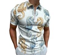 Sea Horse Pattern Men's Polo Shirt Golf Zippered T-Shirt Short Sleeve Casual Tee Muscle Tops XL