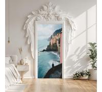 Sea Island Coast Waves Landscape Mountains Forests Door Sticker Self-Adhesive 90X200 cm, European Art Architecture Door Stickers Poster Removable Vinyl Wallpaper Poster for Interior Bedroom Decor