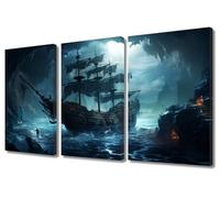 Sea Landscape Modern Wall Art Pirate Ship House Decorations for Living Room Sailboat Canvas Wall Art Paintings for Bedroom Cavern Office Decor Artwork Framed Easy to Hang - 36" Wx24 H