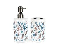 Sea Life Bathroom Accessories Set - Watercolour Marine Animals Ceramic Soap Pump Bottle Dispenser & Toothbrush Holder - Washroom Home Gift Set of 2