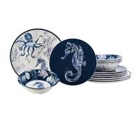 Sea Life Melamine 12 Piece Dinnerware Set - Service for 4 Coastal Themed Plates and Bowls with Ocean Art, Reusable Nautical Dinnerware for Indoor/Outdoor Dining, Dishwasher Safe, Break-Resistant