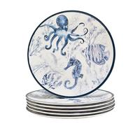 Sea Life Melamine Dinner Plates Set of 6 - 11" Reusable Coastal Ocean-Themed Plates Featuring Octopus & Seahorse Art, Nautical Beach House Dinnerware, Dishwasher Safe, Break-Resistant