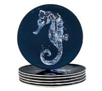 Sea Life Melamine Salad Dessert Plates Set of 6 - 9" Reusable Coastal Beach House Dinnerware with Seahorse Ocean Print, Nautical Break-Resistant BPA-Free Plates, Dishwasher Safe, Outdoor-Friendly