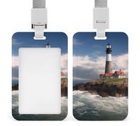 Sea Lighthouse Badge Holder with Lanyard, Vertical ABS Plastic ID Card Holder Fashion Name Badge Holders Office ID Card Protector for Teacher Nurse Employee Security Staff