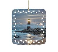 Sea Lighthouse Ceramic Christmas Ornament Xmas Tree Hanging Pendant Double Sided Pattern Festive Square Ornament Holiday Home Party Decoration Gifts