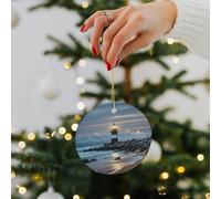 Sea Lighthouse Ceramic Christmas Ornaments - 2.8 Inch Rustic Round Xma Tree Decor with Hanging String, Personalized Vintage Double-Sided Holiday Party Decorations for Xmas Gifts