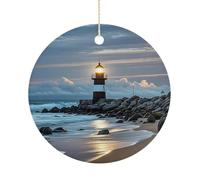 Sea Lighthouse Ceramic Christmas Ornaments 2.9 Inch - Double Sided Round Holiday Tree Hanging Decor for Home, Party, Hotel Decorations, Gift for Teacher, Neighbor, Friend
