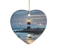 Sea Lighthouse Ceramic Christmas Ornaments Double Sided Porcelain Hanging Heart Pendant for Xmas Tree, Holiday Home Decor and Gift Party Decorations