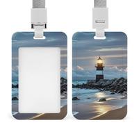 Sea Lighthouse ID Badge Holder with Vertical Card Badge Holder Waterproof Plastic Card Sleeve Badges Protector Case Name Tag ID Card Holder for Office Doctor Nurse Teachers