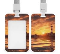 Sea Lighthouse in Sunset Badge Holder with Lanyards Retractable Vertical Plastic Id Badge Holder Name Key Card Holders Case for Teacher Nurse Doctor Office Gift for Coworkers