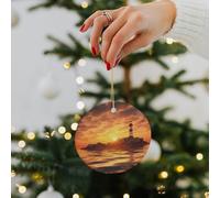Sea Lighthouse in Sunset Ceramic Christmas Ornaments - 2.8 Inch Round Double-Sided Xmas Tree Decorations with Gold Ribbon for Home Holiday Decor, Gift for Family & Friends