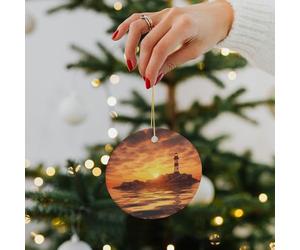 Sea Lighthouse in Sunset Ceramic Christmas Ornaments - 2.8 Inch Round Double-Sided Xmas Tree Decorations with Gold Ribbon for Home Holiday Decor, Gift for Family & Friends