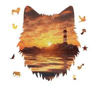 Sea Lighthouse in Sunset Jigsaw Puzzle 175PCS Wolf Head Design Puzzle Wooden Jigsaw Puzzles for Adults Families