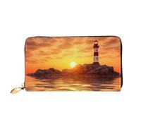 Sea lighthouse in sunset Leather Wallet for Women Long Coin Purse Ultra Slim Credit Cards Holder Bifold Clutch