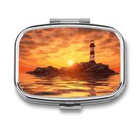 Sea Lighthouse in Sunset Pill Organizer Container for Travel, Metal 2 Compartment Square Pill Case, Portable Mini Medicine Box Pill Storage Case for Purse Pocket, Supplement Storage
