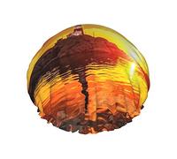 Sea Lighthouse In Sunset Printed Shower Cap Satin Bonnet Hair Cap Waterproofs Bath Caps Elastic Band Stretch Hem Shower Cap Reusable