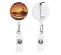 Sea Lighthouse in Sunset Retractable Badge Holder with Clip Badge Reels ID Card Vertical Lanyard Holder with Carabiner Reel Clip Badge Holder for Office Work Employee