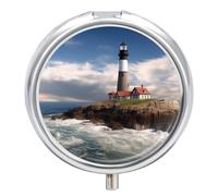 Sea Lighthouse Pill Box 3-Compartment Travel Pill Organizer Portable Round Medicine Case with Mirror Design for Vitamins, Jewelry & Essentials Durable Pocket Pillbox for Purse, Camping