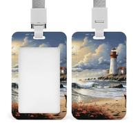 Sea Lighthouse Sandbeach Badge Holder Heavy Duty Carabiner Keychain ID Badge Holders with Clip and Keyring Funny Card Holders with Detachable Neck Lanyard