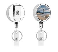 Sea Lighthouse Sandbeach Badge Reel Fashion Heavy Duty Metal Badge Clip Retractable ID Name Badge Holder Reel Funny Keychain Badges Holder with 27 Inch Nylon Rope for Nurse Office