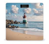 Sea Lighthouse Sandbeach Bathroom Scale for Body Weight with High Precision Large LCD Backlight Display Digital Weighing Scale with BMI Capacity Up to 180kg