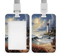 Sea Lighthouse Sandbeach ID Badge Holder Waterproof Card Protector Push-Pull Slot Work ID Card Holder with Lanyard Personalized Detachable Card Holders for Office Corporate Use