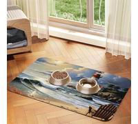 Sea Lighthouse Sandbeach Pet Feeding Mat Absorbent Pu Leather Dog Cat Food Mats Contain Spills Protects Floors, Anti-Slip Rubber Backing Dog Bowl Mats Easy Clean Pet Placemats 40x60cm
