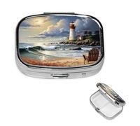 Sea Lighthouse Sandbeach Pill Box 2 Compartment Medicine Pill Organizer Square Pill Case for Purse & Pocket Travel Pillbox Portable Metal Medicine Vitamin Fish Oil Organizer Unique Gift
