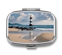 Sea Lighthouse Sandbeach Pill Box 2 Compartment Square Metal Pill Organizer Portable Mini Travel Medicine Case with Mirror Cute Medicine Container Holder for Pocket Purse