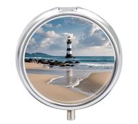 Sea Lighthouse Sandbeach Pill Box 3 Compartment Metal Round Pill Case Travel Pill Organizer Small Portable Medicine Vitamin Container for Purse and Pocket to Hold Vitamins Supplements