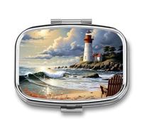 Sea Lighthouse Sandbeach Pill Case with 2 Compartment, Pill Organizer Portable Square Pill Box,Vitamin Pill Organizer for Pocket Purse and Travel