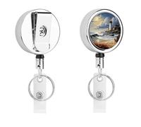 Sea Lighthouse Sandbeach Retractable Badge Holder Reel Heavy Duty Retractable Keychain with Belt Clip Metal Lanyard Clip Name Card Holder for Doctor Teacher Office Work Supplies