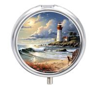 Sea Lighthouse Sandbeach Round Pill Box 3 Compartment Medicine Pill Organizer with Mirror Travel Small Pill Case Cute Vitamin Organizer Portable Daily Pill Container for Pocket Purse