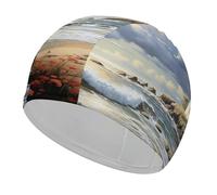 Sea Lighthouse Sandbeach Swim Cap for Women Men Waterproof Bathing Caps Keep Hair Dry Elasticity Adult Swimming Caps Comfortable Long Hair Swim Hat Non-Slip Fabric Swimming Cap