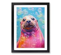 Sea Lion Bubble Gum Painting Framed Print | A2 Black Framed Wall Art | Ready to Hang | Modern Animal Picture | Living Room Bedroom Lounge Office