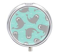 Sea Lion Harp Seal Pup Cute Cartoon Animal Waves on Turquoise Iron Pill Box Case Organizer with Internal Separate Plastic Dividers, Travel Small Medicine Bag Holder Carrier Round Container